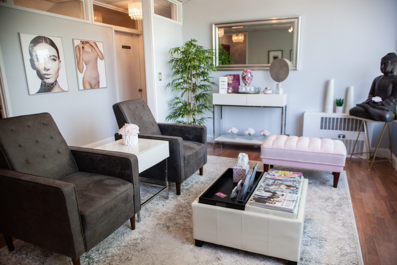 Alternative studio angle highlighting lounge seating and magazines