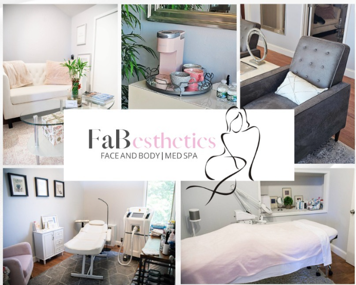 Collage of images showing the elegant waiting area, treatment rooms, and stylish décor of Fab Esthetics, a day spa in Westchester County, NY.