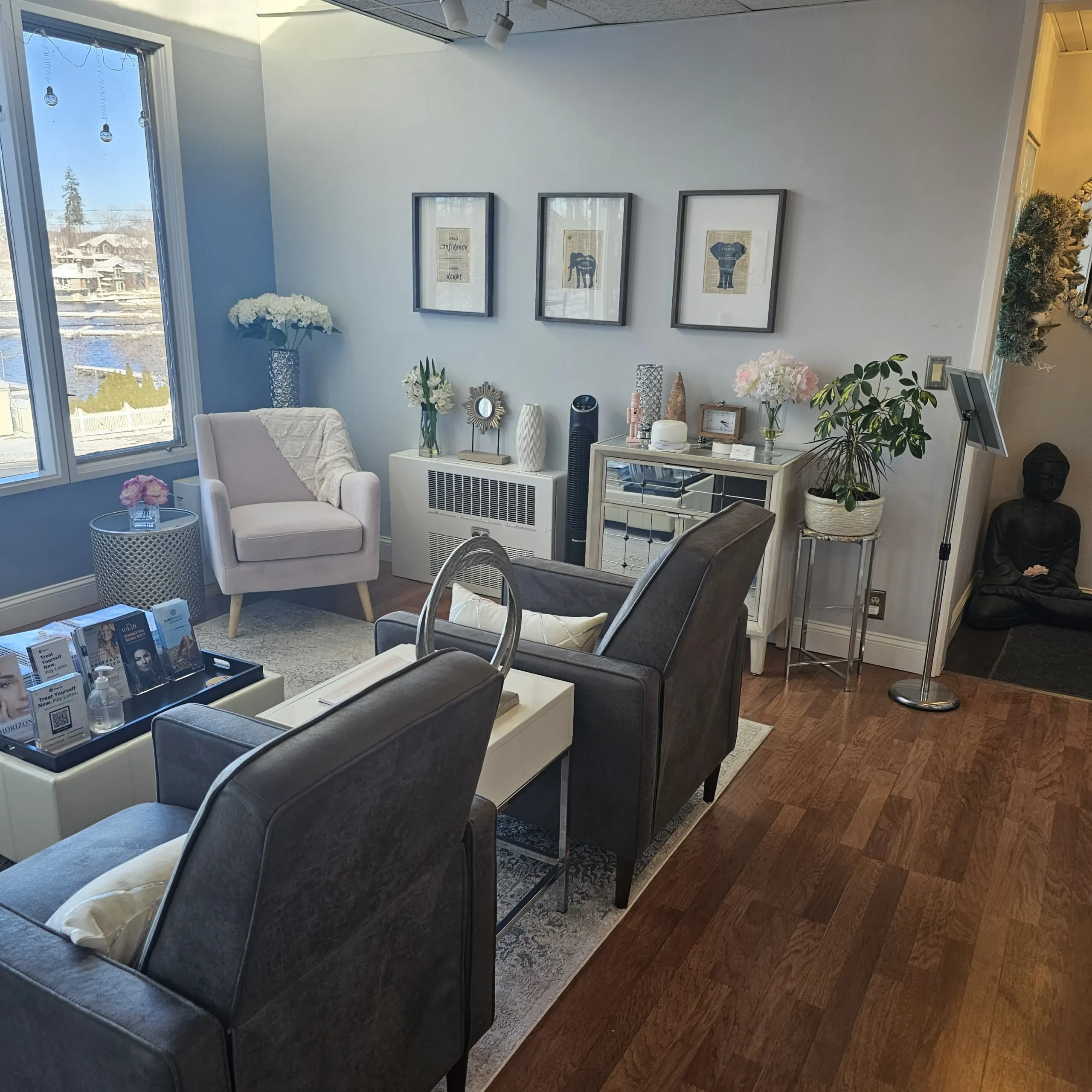 Main aesthetic consultation room view with accent chairs